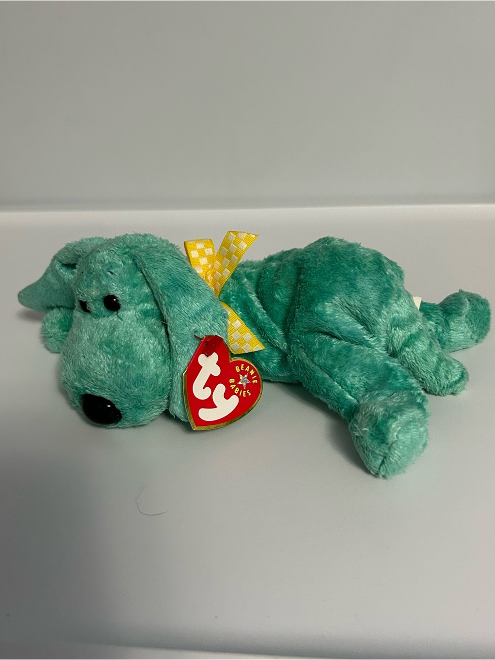Ty Teal Plush Puppy Diddly with Yellow Check Ribbon
